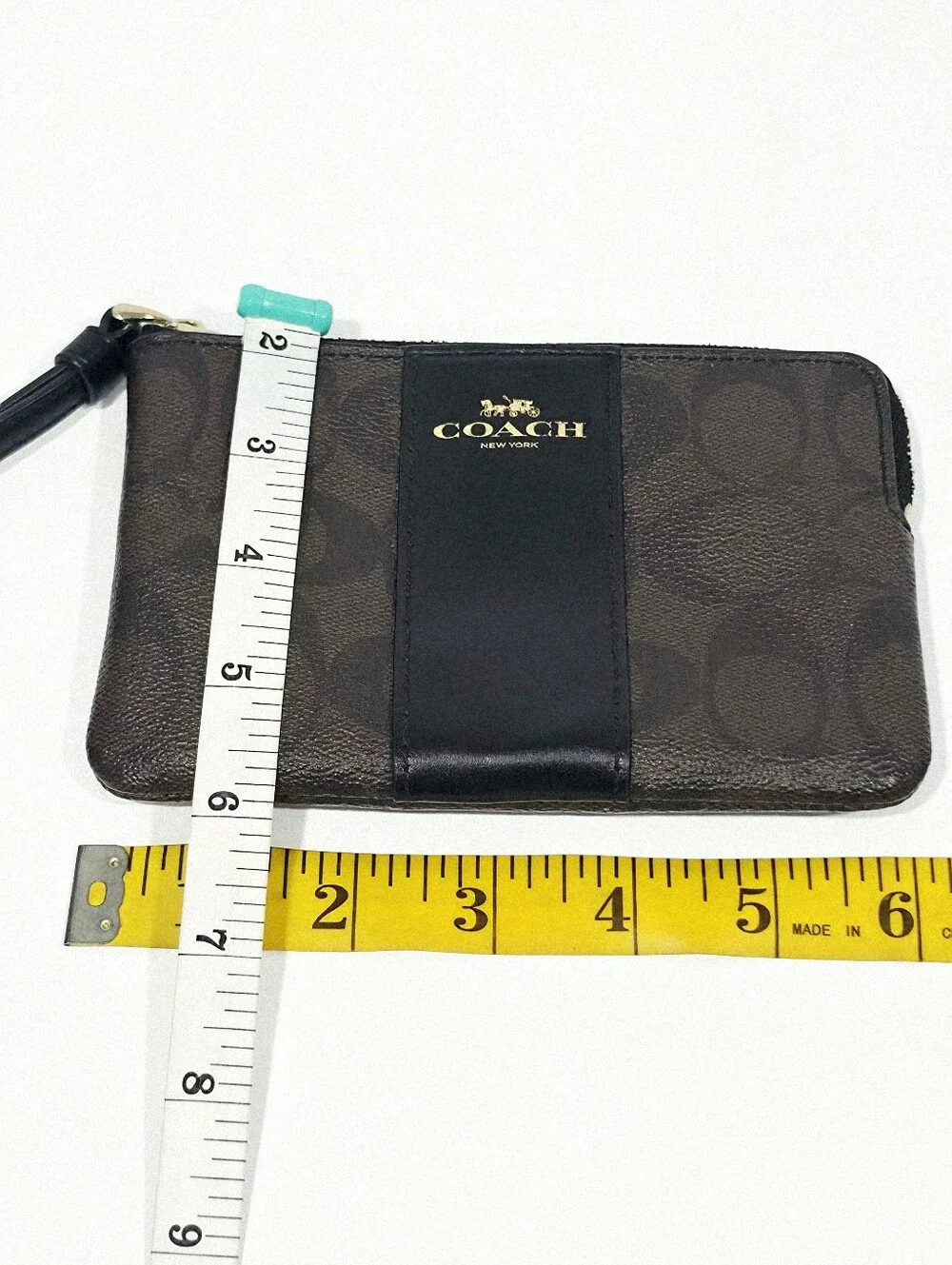 Coach F58035 Signature Canvas Brown Black Corner Zip Wristlet